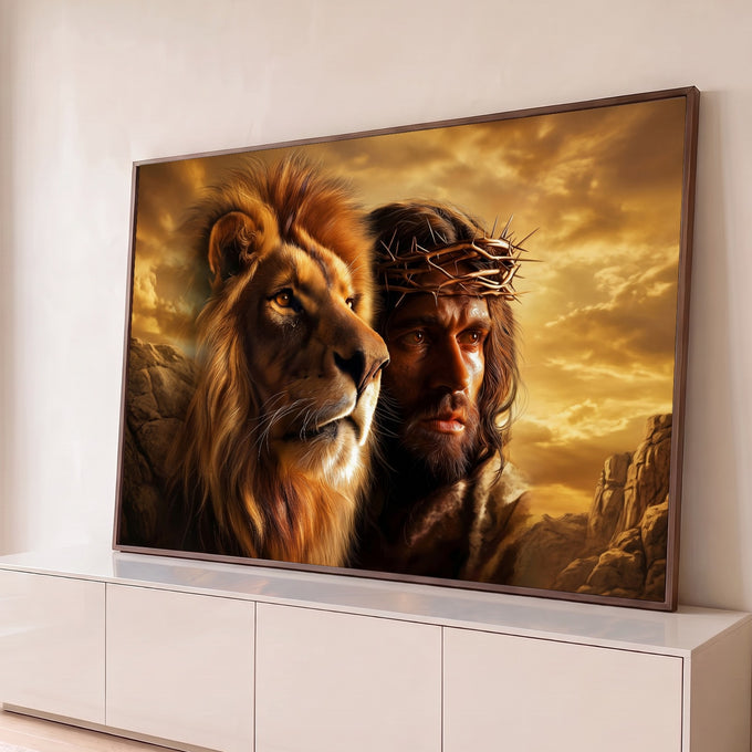 Quadro Decorativo Grande Leão Jesus Coroa para Sala Dourado | quadros decorativos para sala | leão de juba dourada ao lado de Jesus com coroa de espinhos sob céu dramático | Porao dos Quadros