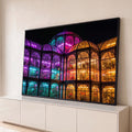 Quadro Decorativo Grande Estufa Vitoriana para Sala Roxo | quadros decorativos para sala | estufa vitoriana iluminada por luzes neon roxas, rosas e laranjas à noite | Porao dos Quadros