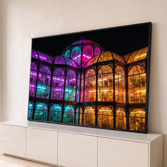 Quadro Decorativo Grande Estufa Vitoriana para Sala Roxo | quadros decorativos para sala | estufa vitoriana iluminada por luzes neon roxas, rosas e laranjas à noite | Porao dos Quadros