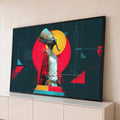 Quadro Decorativo Grande Faraó Egípcio para Sala Verde | quadros decorativos para sala | faraó egípcio de perfil com coroa azul e dourada sobre fundo geométrico colorido | Porao dos Quadros