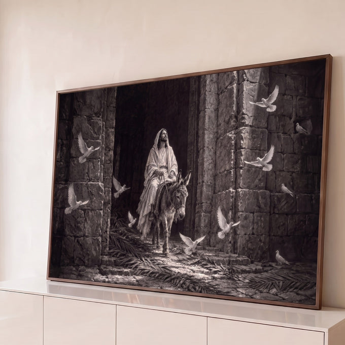 Jesus montado em jumento cruza portão de pedra entre pombas brancas e palmas, em preto e branco, quadro decorativo