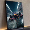 Quadro Decorativo Grande Carro na Pista para Sala Azul | quadros decorativos para sala | carro de azul e vermelho em pista molhada à noite com luzes de estádio | Porao dos Quadros