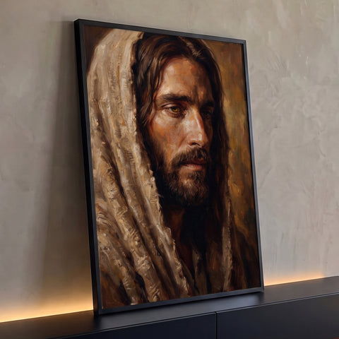 Pintura a óleo de Jesus Cristo pensativo com manto bege sobre a cabeça e fundo marrom, quadro decorativo