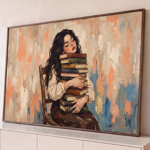 Jovem de cabelos ondulados abraçando pilha de livros antigos em pintura a óleo bege e pêssego, quadro decorativo