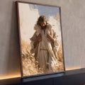Quadro Decorativo Bom Pastor com Cordeiro no Campo de Trigo | quadros decorativos para sala | homem carregando cordeiro branco nos ombros em campo de trigo dourado | Porao dos Quadros