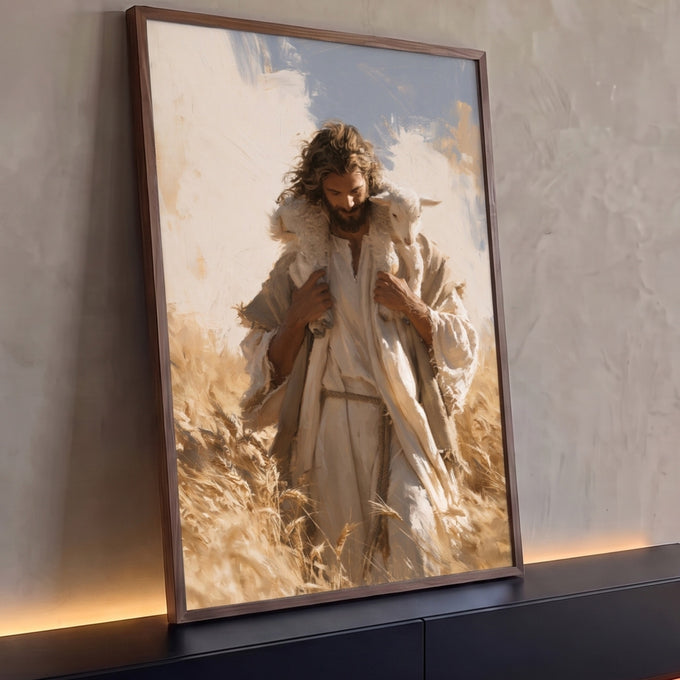 Quadro Decorativo Bom Pastor com Cordeiro no Campo de Trigo | quadros decorativos para sala | homem carregando cordeiro branco nos ombros em campo de trigo dourado | Porao dos Quadros