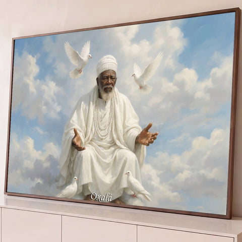 Oxalá de manto branco e colares de contas, mãos abertas entre nuvens e pombas brancas, quadro decorativo