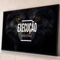 Lobo escuro de olhos amarelos e frase Execução: deixe de falar e comece a fazer, quadro decorativo