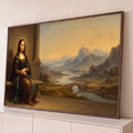 Quadro Decorativo Grande Mona Lisa para Sala Marrom | quadros decorativos para sala | mulher de manto marrom sentada com paisagem de rio e montanhas ao fundo em tons dourados | Porao dos Quadros