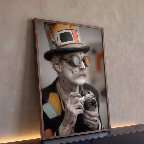 Homem com rosto pintado de branco, cartola colorida, óculos steampunk e câmera antiga, quadro decorativo