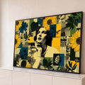 Mulher pensativa em preto e branco em colagem retrô com girassóis, flores azuis e jornal, quadro decorativo