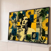 Quadro Decorativo Grande Mulher Pensativa para Sala Amarelo - Borda Infinita / 65x100cm