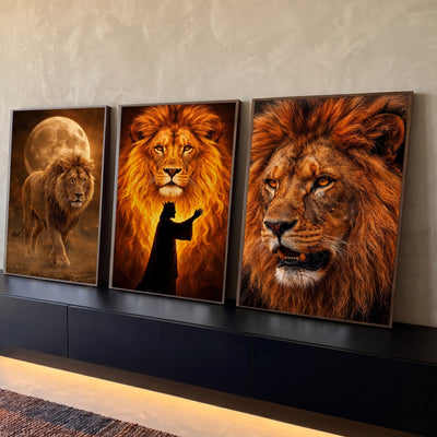 Quadro Decorativo Kit 3 Telas Leão em Chamas para Sala