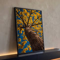 Tronco de ipê com flores amarelas visto de baixo contra céu azul intenso, quadro decorativo