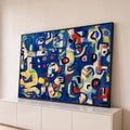 Pintura abstrata modernista em azul com formas em bege, vermelho, amarelo e preto, quadro decorativo