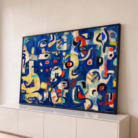 Pintura abstrata modernista em azul com formas em bege, vermelho, amarelo e preto, quadro decorativo