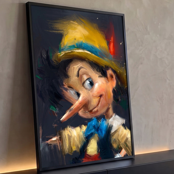 Pinóquio piscando com chapéu amarelo e gravata azul em pinceladas sobre fundo escuro, quadro decorativo