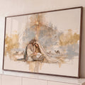 Quadro Decorativo Grande Sagrada Família Bege para Sala | quadros decorativos para sala | homem e mulher ajoelhados abraçam bebê na manjedoura sob estrela dourada | Porao dos Quadros