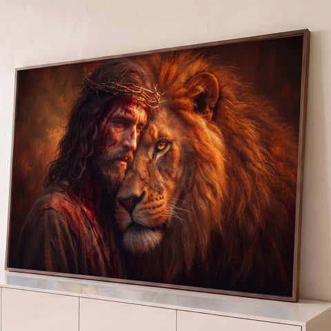 Jesus com coroa de espinhos encostado no rosto de um leão em tons marrons, quadro decorativo