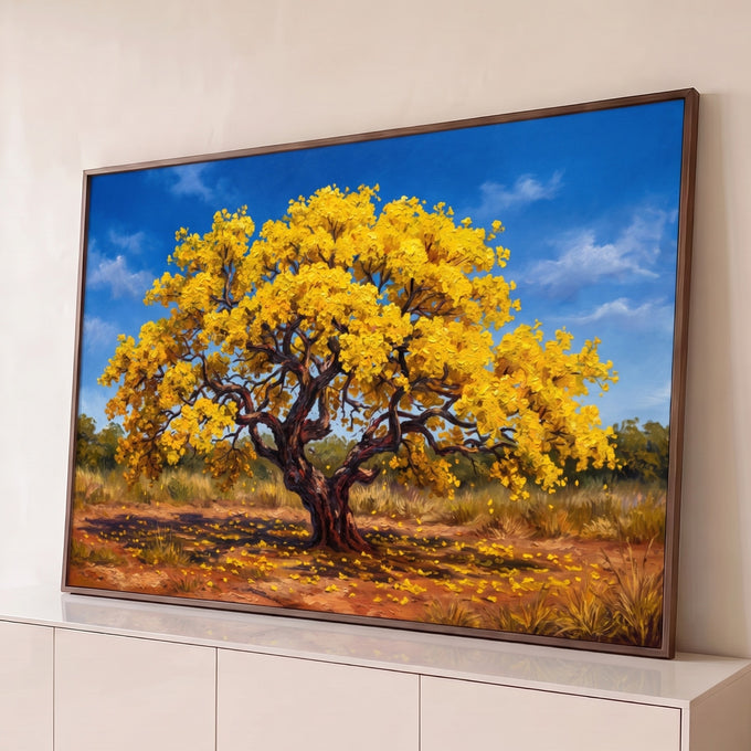 Quadro Decorativo Grande Árvore de Folhas para Sala Amarelo | quadros decorativos para sala | árvore de copa amarela e dourada com tronco retorcido sob céu azul | Porao dos Quadros