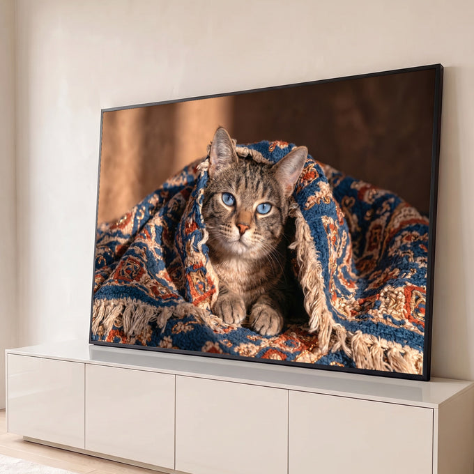 Gato tabby de olhos azuis aconchegado em manta azul estampada com franjas, quadro decorativo