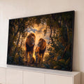 Quadro Decorativo Grande Família de Leões Floresta para Sala | quadros decorativos para sala | dois leões adultos e dois filhotes em floresta ao entardecer | Porao dos Quadros