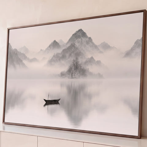 Barco solitário em lago espelhado com montanhas nevadas e névoa em estilo oriental, quadro decorativo