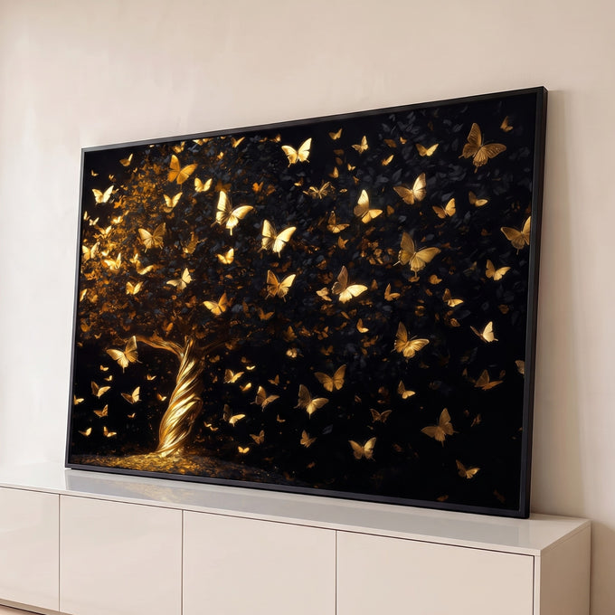 Árvore da vida de tronco dourado torcido com revoada de borboletas douradas em fundo preto, quadro decorativo