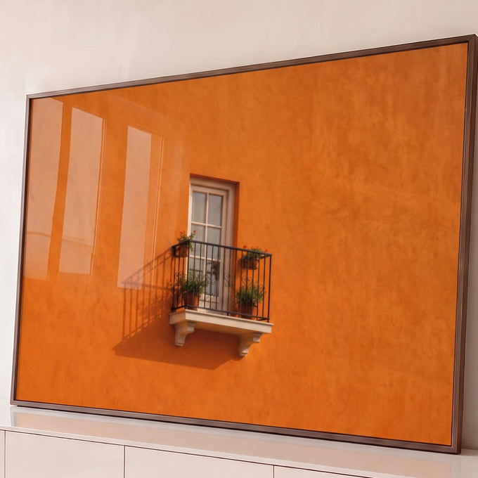 Quadro Decorativo Grande Varanda com Flores para Sala | quadros decorativos para sala | janela branca e varanda com grade de ferro e flores sobre parede laranja vibrante | Porao dos Quadros