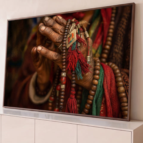 Mãos enrugadas segurando japamala tibetano de madeira com borlas vermelhas, quadro decorativo