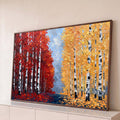 Quadro Decorativo Grande Floresta Bétulas Outono para Sala | quadros decorativos para sala | floresta de bétulas com folhagem vermelha de um lado e dourada do outro | Porao dos Quadros