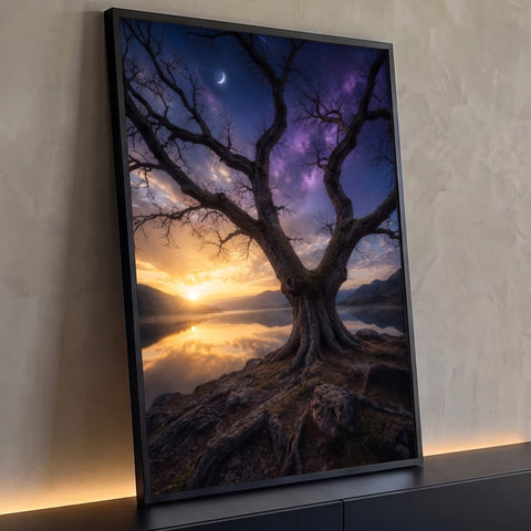 Árvore antiga com raízes à beira do lago entre pôr do sol e via láctea com lua crescente, quadro decorativo