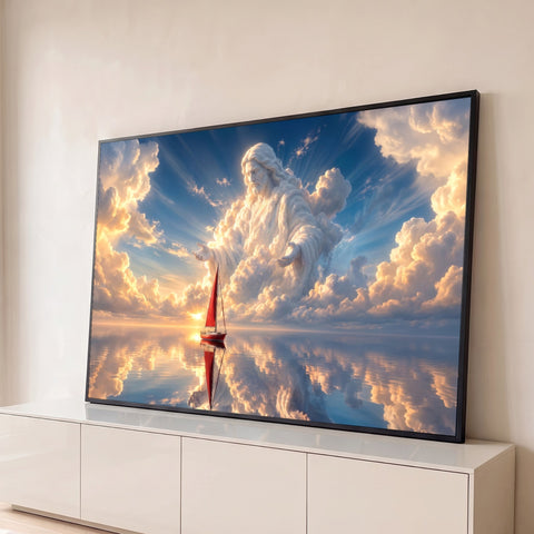 Jesus de braços abertos formado por nuvens douradas sobre o mar com veleiro vermelho, quadro decorativo