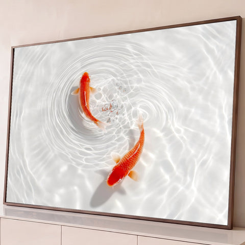 Dois peixes koi laranja nadando em círculo sobre água branca com ondulações e bolhas, quadro decorativo