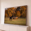 Cavalo preto no pasto com Porsche laranja e árvores de outono ao fundo, quadro decorativo