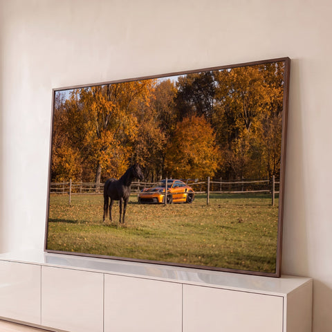 Cavalo preto no pasto com Porsche laranja e árvores de outono ao fundo, quadro decorativo