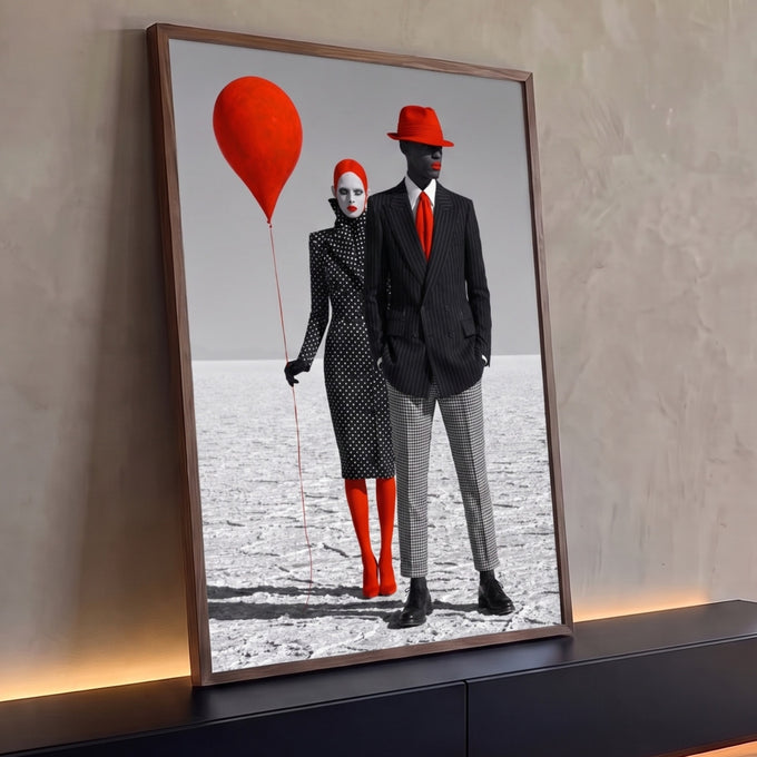 Casal surreal de moda com balão vermelho e chapéu vermelho em deserto de sal, quadro decorativo