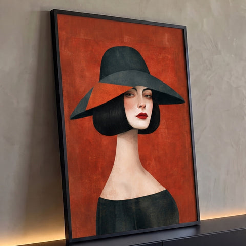 Mulher de chapéu preto, cabelo chanel e batom vermelho sobre fundo laranja texturizado, quadro decorativo
