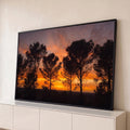 Quadro Decorativo Grande Pôr do Pinheiros para Sala | quadros decorativos para sala | silhuetas de pinheiros contra céu laranja e roxo ao entardecer | Porao dos Quadros