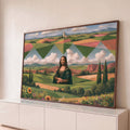 Mona Lisa numa paisagem toscana surreal com campos geométricos, ciprestes e girassóis, quadro decorativo
