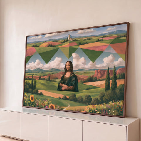 Mona Lisa numa paisagem toscana surreal com campos geométricos, ciprestes e girassóis, quadro decorativo