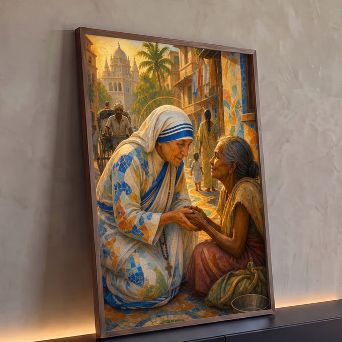 Quadro Decorativo Grande Madre Teresa para Sala Azul | quadros decorativos para sala | Madre Teresa de joelhos segurando as mãos de uma mulher idosa numa rua colorida da Índia | Porao dos Quadros