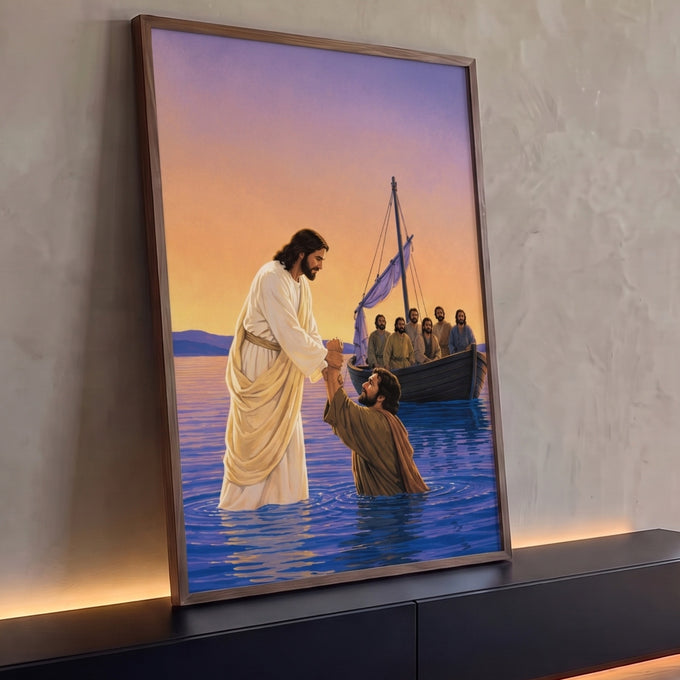 Quadro Decorativo Grande Jesus Caminhando para Sala Roxo | quadros decorativos para sala | Jesus caminha sobre a água e segura a mão de um apóstolo, barco com discípulos ao fundo | Porao dos Quadros
