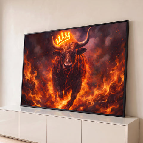 Touro de chifres longos com coroa neon laranja correndo entre chamas e fumaça escura, quadro decorativo