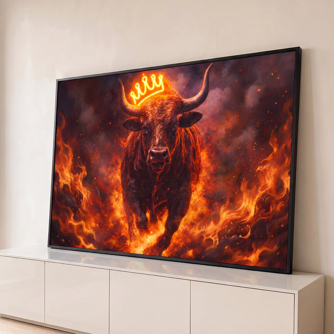 Quadro Decorativo Grande Touro em Chamas para Sala Laranja | quadros decorativos para sala | touro robusto cercado por chamas com coroa neon amarela sobre a cabeça | Porao dos Quadros