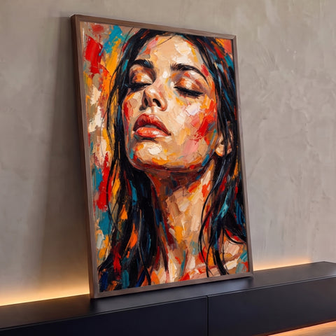 Rosto de mulher de olhos fechados em pinceladas de óleo laranja, vermelho e azul, quadro decorativo