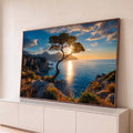 Quadro Decorativo Grande Árvore Solitária Penhasco para Sala | quadros decorativos para sala | árvore solitária em penhasco com sol se pondo sobre o mar ao fundo | Porao dos Quadros