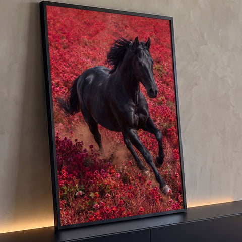 Cavalo negro galopando com crina ao vento em campo de flores vermelhas, levantando poeira, quadro decorativo
