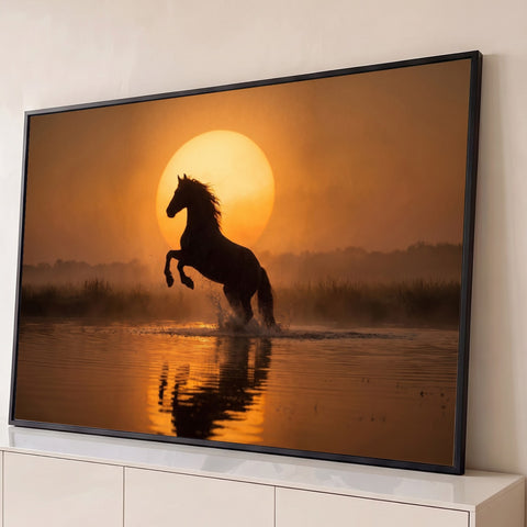 Cavalo empinado em silhueta espirrando água no lago diante de grande sol laranja na neblina, quadro decorativo