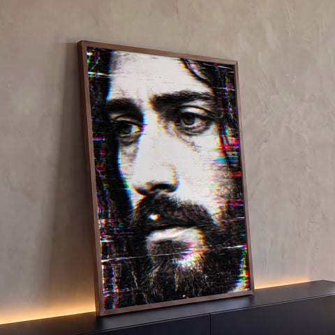 Rosto de Jesus Cristo em preto e branco com efeito glitch colorido, arte digital moderna, quadro decorativo